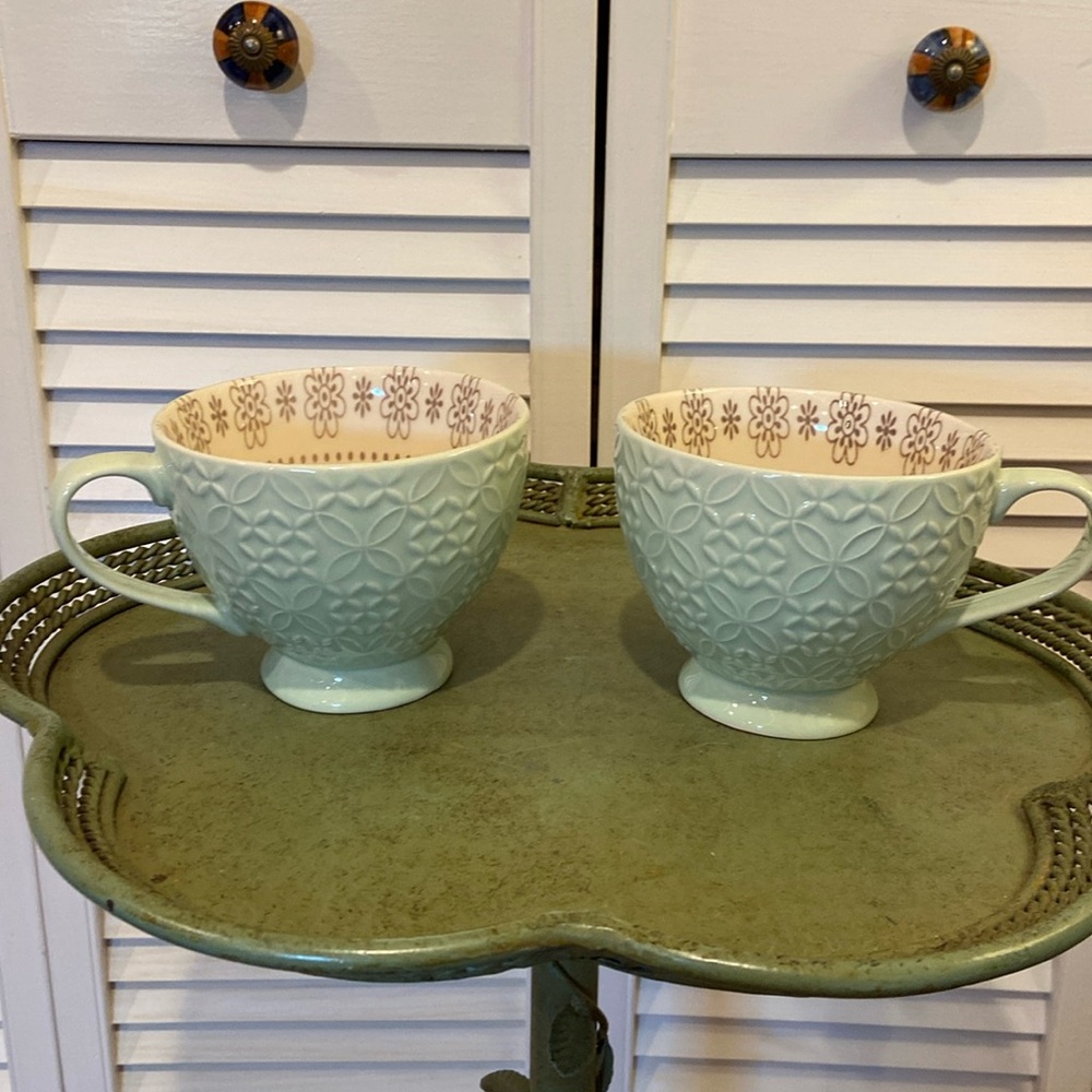Signature Housewares extra large mugs•seafoam green outside•ivory & beige inside